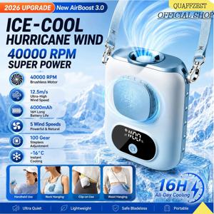 3CM 초슬림 휴대용 허리 팬 6000mAh 클립형 개인용 목걸이 팬 LED 12시간 작동 5단 속도 40000RPM 강력한 바람 흐름 끈 포함