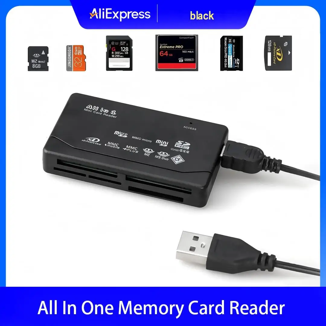 USB 올인원 메모리 카드 리더기 SD SDHC 미니 마이크로 M2 MMC XD CF 호환 MP3 디지털 카메라용 외장형
