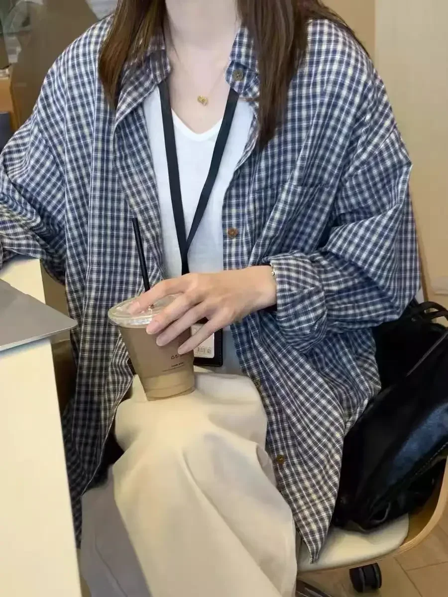여성 빈티지 캐주얼 아메리칸 스트릿 셔츠 긴팔 슬림핏 탑 버튼다운 패션 플래드 셔츠 라펠넥 가을 신상품