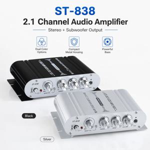 ST-838 블루투스 5.3 2.1 채널 오디오 앰프(서브우퍼 출력 포함) 홈 및 차량용 베이스 트레블 컨트롤 AUX 입력