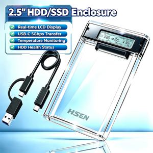 USB 3.0 2.5인치 HDD/SSD SATA 하드 드라이브 인클로저, 스마트 디스플레이 탑재 투명 SATA 하드케이스, 하드디스크 상태 실시간 모니터링