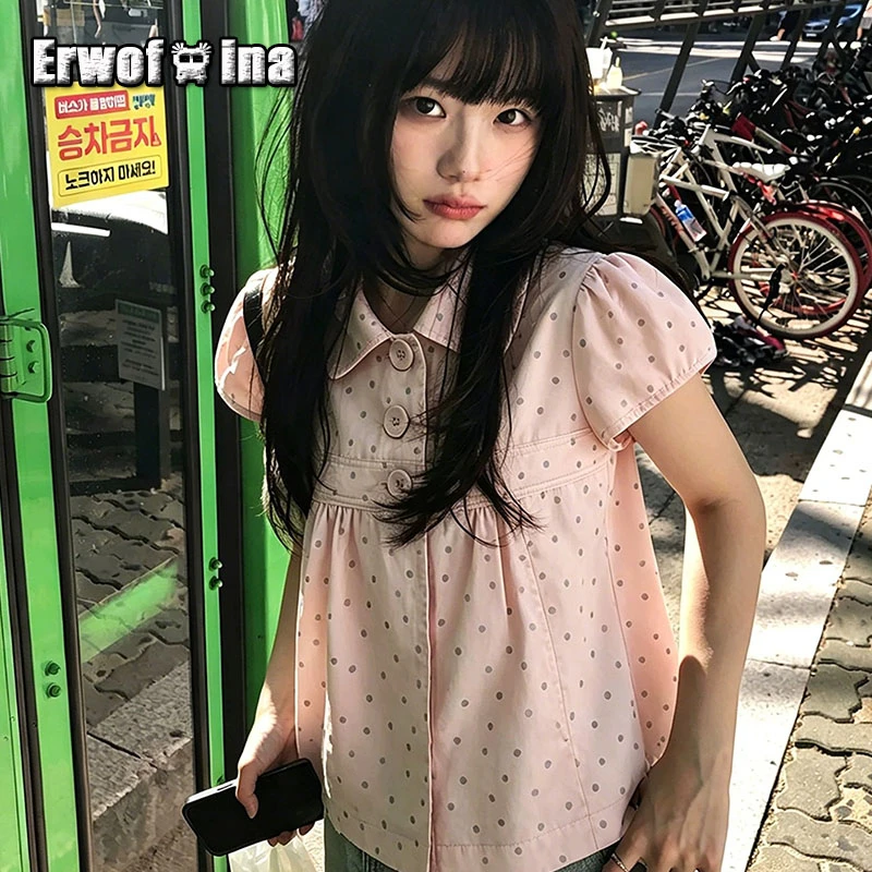 에르워페이나 핑크 폴카 도트 프레피 스타일 셔츠 및 블라우스 여성용 상의 반소매 한국 패션 여름 빈티지 Y2K 여성 셔츠