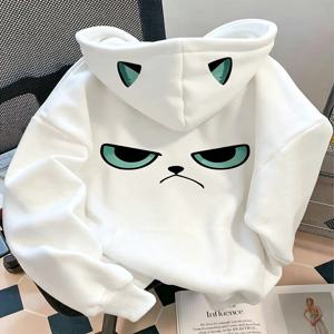 여성용 만화 심술궂은 고양이 프린트 후드티, 독창적인 고양이 귀 디자인의 긴소매 캐주얼 오버사이즈 후드 풀오버 스웨트셔츠