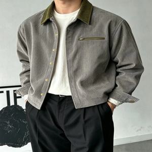 빈티지 남성 코듀로이 재킷 대비 라펠 긴소매 루즈핏 지퍼 포켓 캐주얼 스트리트웨어 아우터 코트