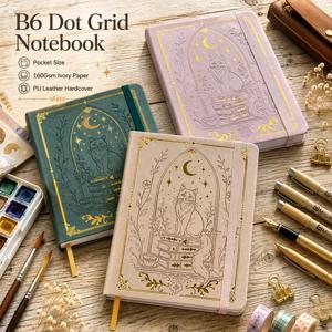 B6 도트 그리드 노트, 160gsm 아이보리 용지, 5mm 도트 페이지, 골드 포일 고양이 달 디자인의 펼침형 하드커버, 탄성 밴드 잠금