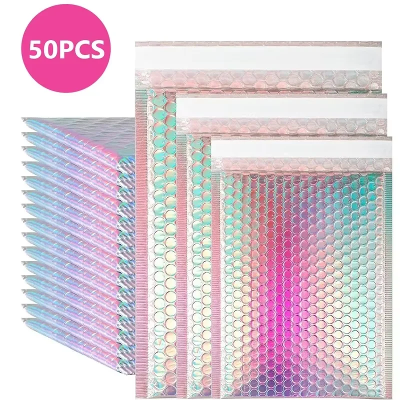 50개들이 홀로그램 거품 완충 포장 봉투, 자가 접착식, 반짝이는 표면, 방수 기능, 소규모 사업체의 선물 포장에 적합