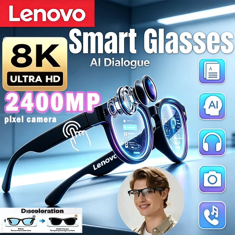 Lenovo 8K 블루투스 비디오 스마트 안경, 2400MP 사진 촬영, AI 기반 대화, 번역, 녹음 기능, 음악 감상 기능, AI 스마트 선글라스