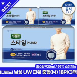 (총 56매) 디펜드 스타일 언더웨어 남성 파워 중형(M)18PX3팩/(흡수량920ml)/성인용기저귀/유한킴벌리/최신