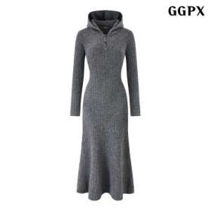 컴포트 집업 후드 니트 롱 원피스 (GQDOW001D)