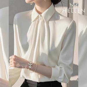 [헬렌] 셔링 카라넥 긴팔 블라우스 새틴 드레스 셔츠 여성 정장 클로딘블라우스 T-034