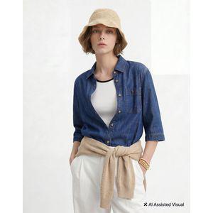 헤지스레이디스 26FW [인기급상승] 린넨데님 크롭 셔츠 네이비 HSJS6C816N2