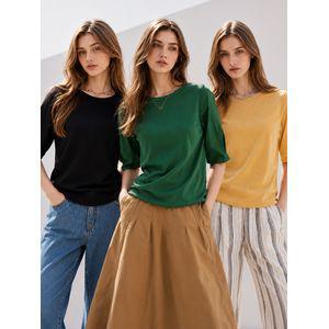 3SET [르오트(LeOT)] 데일리 라운드넥 7부 퍼프소매 티셔츠 3종세트-사이즈 55~88까지