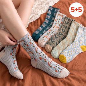 [5+5] 메리플라워 가을패턴 여성 중목양말 (총10켤레세트)