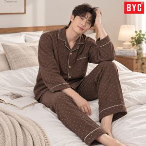 BYC 남자 삼중 거즈면 파자마 세트 순면 긴팔 긴바지 잠옷 상하의 가을 홈웨어 실내복