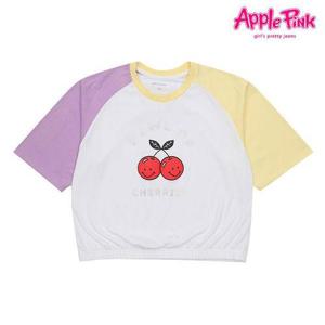 [애플핑크]소매 배색 프린팅 반팔 티셔츠