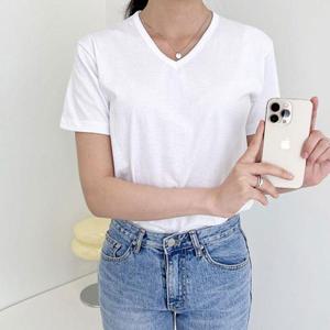 기본 무지 브이넥 여성 반팔 면 티셔츠 빅사이즈