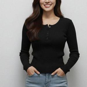 가을 여성 긴팔 골지 버튼 데일리룩 티 WFON649
