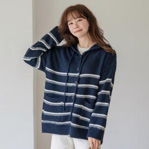 베이닛 스트라이프 후드 니트 가디건