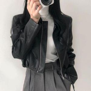 [셀러허브_여성트랜드패션]캐쥬얼 크롭 레더 셔링 가죽 자켓 점퍼 2col
