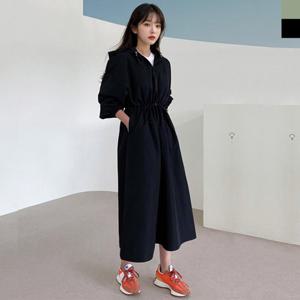 BLEO 여성 봄 가을 스트랩 아노락 긴팔 후드 롱 원피스
