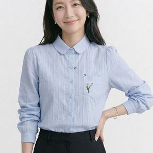 나바바 / NB3030 깔끔 오피스 플라워 자수 둥근 카라 긴팔 셔츠