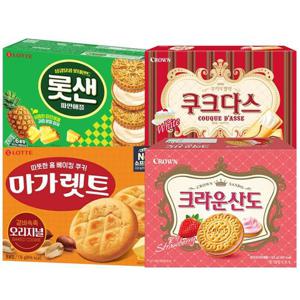 인기과자 4종 롯샌파인애플315g+쿠크다스화이트289g+마가렛트176g+크라운산도323g