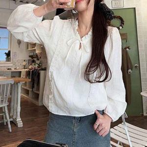 여성 리본 레이스 프릴 긴팔 블라우스
