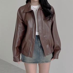 코키코키 /  아방핏/데일리템  보노 오버핏 심플 블부종 레더 자켓