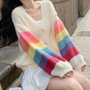 [오노마] ONM 무지개색 포인트 여성 캐주얼 가디건 봄 가을 겉옷