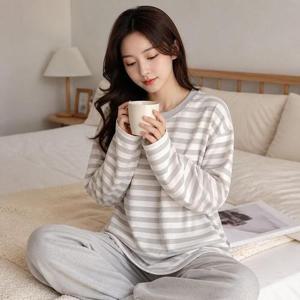 [라일리여성언더웨어] Rly 여성 가을 긴팔 잠옷 브라캡 내장 패드 홈웨어