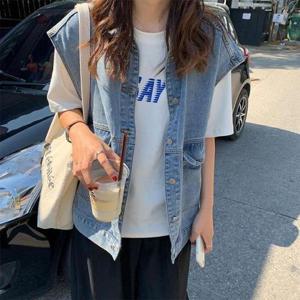 [프리티 글라라]여성 청 베스트 청조끼 오버핏 데님 베스트 청자켓 (7473732A)