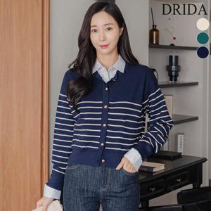 드리다 여자 봄 가을 스트라이프 단가라 브이넥 빅사이즈 니트 가디건 40-50대 미시 중년여성 엄마옷 출근