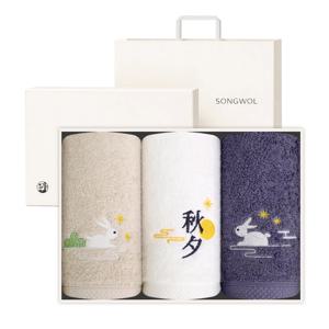래빗문 추석 자수타월 160g 3매 명절 선물세트 (크림상하+쇼핑백)