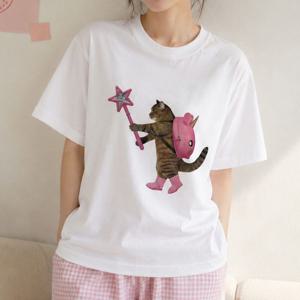 웃긴 귀여운 요술봉 고양이 반팔티 화이트 티셔츠