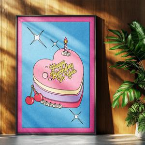 해피벌스데이 생일 축하 하트케이크 일러스트포스터 인테리어포스터