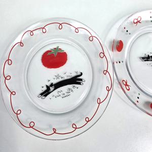 애옹이 고양이 2종 유리접시 토마토 리본 투명 디저트 브런치 플레이트 20cm