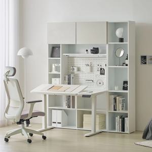 이든 전동 모션데스크 각도조절 책상 도어형 책장세트 타공판 조명