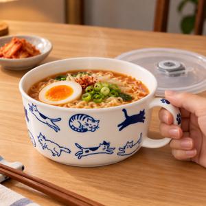 고양이 컵라면 도자기용기 전자레인지 컵라면머그 밀폐뚜껑 손잡이 라면기 700ml