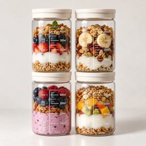 헥사 내열유리 눈금유리병 투톤크림 600ml 4개 세트 샐러드 밀프렙 소분