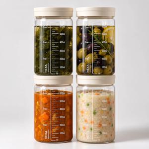 헥사 내열유리 눈금유리병 투톤크림 800ml 4개 세트 요거트 샐러드 죽병