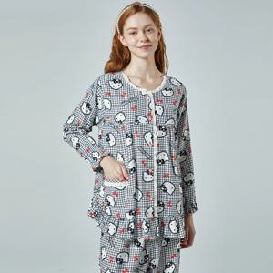 여성잠옷 헬로키티 산리오 하운드체크 순면 홈웨어 긴팔 파자마 실내복 R/BK