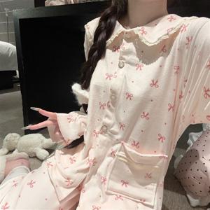 둥근카라 핑크리본 피치기모 벨벳 잠옷세트 파자마 홈웨어