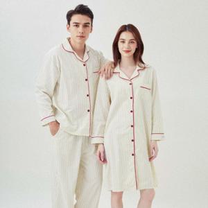 크림데이 긴팔 커플 카라 파자마 남자 여자 잠옷 클래식 원피스 홈웨어 상하세트