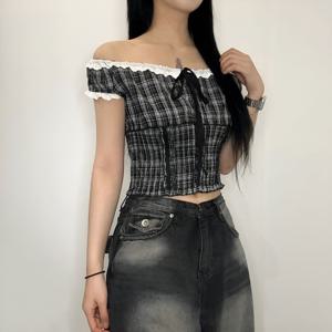체크 레이스 퍼프 스모크 밴딩 크롭 블라우스 잘록핏 오프숄더 리본 스트링 셔링 여자 여름