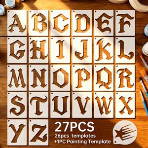 27개 알파벳 스텐실 세트 (알파벳 스텐실 26개 + 페인팅 스텐실 1개), 10.16cm X 7.62cm 재사용 가능한 알파벳 페인팅 टेম플릿, 공예용, 플라스틱 복잡한 패턴 스텐실, 벽 데칼, 베개, 티셔츠, 접시에 사용 가능