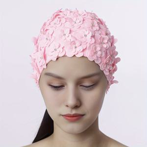 핸드메이드 자수 3D 멀티 레이어 플라워 라인스톤 헤어 케어 수영 모자 워터 스포츠 수영 모자 여성용 수영 모자