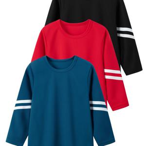 3pcs 세트 남아용 긴팔 봄 여름 미드사이즈 남아 사이드 메쉬 속건성 운동 상의 단색 기본 긴팔 풀오버 가벼운 통기성 야외 캐주얼 상의 4-13세 남아 형제 세트