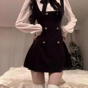 여성 레이어드 셔츠 배색 원피스 리본타이 금장단추 미니 A라인 슬림핏 하객룩 하이틴룩 데이트룩 격식있는 프레피룩 가을 신상 블랙