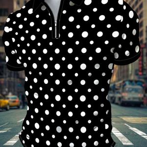 Men's Fashion Polka Dot Short Sleeve Zip Polo Shirt Vintage Casual Slim Fit Lapel Top Summer Business Commute Daily Versatile Comfortable Pullover