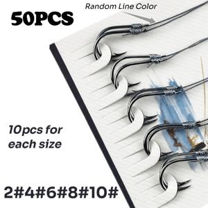 미결속 이중 낚시 바늘 세트 50개, 고탄소강 바늘과 랜덤 색상 브레이디드 리더줄, 민물 낚시용 멀티 사이즈 완제품 바늘